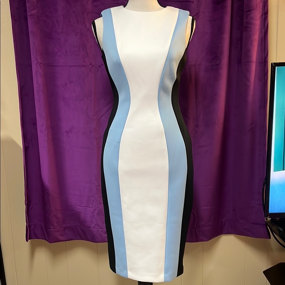 Calvin Klein White and Blue Bodycon Midi Dress